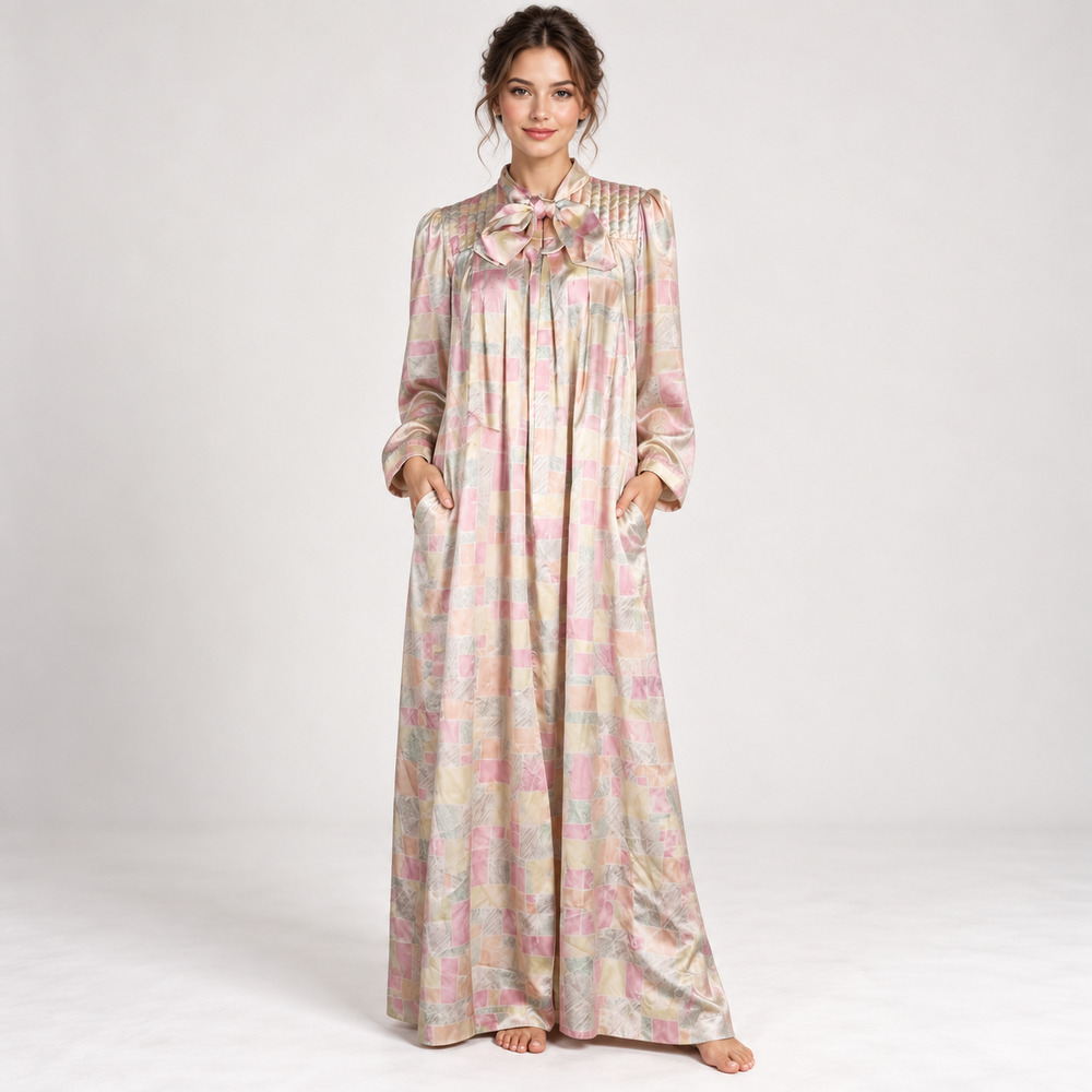 Vintage Christian Dior Satin Robe Lounge Dress Pastel Bow Zip Front Petite S
